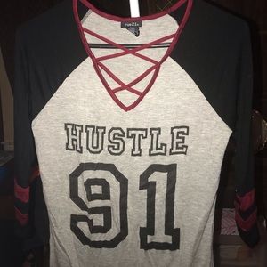 grey , maroon and black “hustle 91” long sleeve